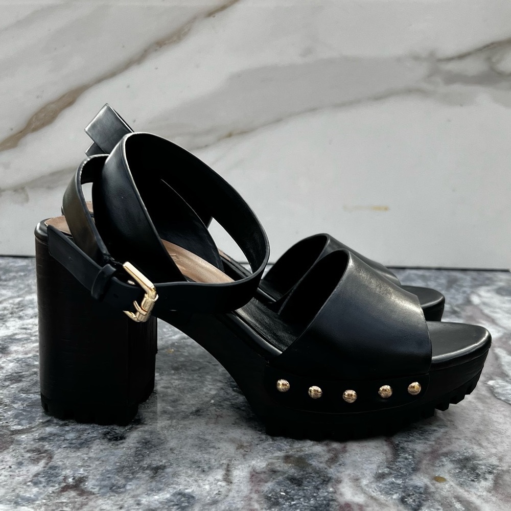 ZARA Anklestrap Wooden Clogs Black LEATHER SANDALS with Studs Size 38 - Picture 2 of 11